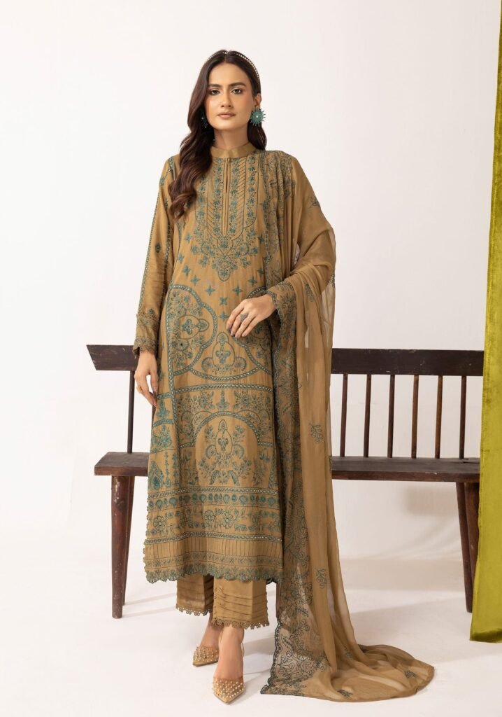 Premium Karandi Lawn Shirt with Bamber Dupatta – Olive & Teal Embroidery