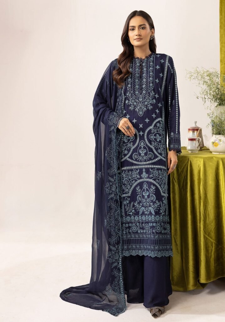 Teal Blue Embroidered Lawn 3-Piece Suit with Chiffon Dupatta