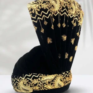 Black & Golden Embroidered Velvet Groom Turban