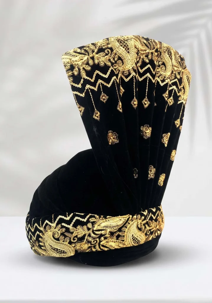 Black & Golden Embroidered Velvet Groom Turban