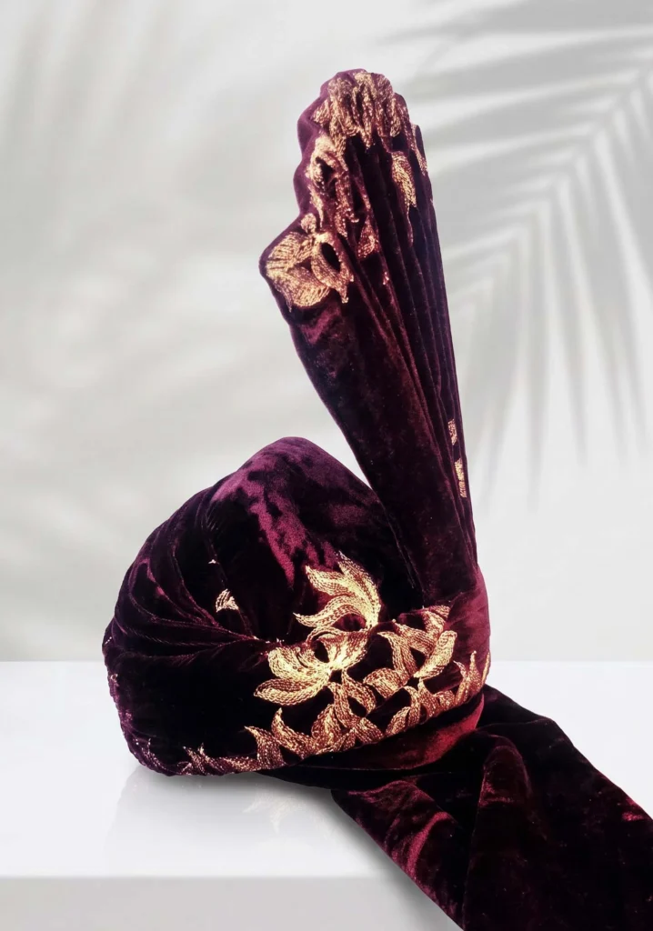 Dark Wine Velvet Turban with Golden Embroidery