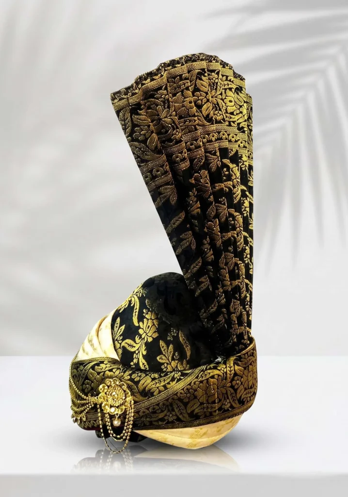 Black & Golden Brocade Groom Turban with Stone Brooch