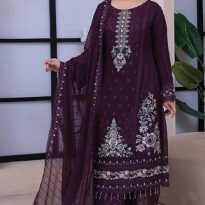 Deep Plum Embroidered Chiffon Suit for Women - 3 Piece Formal Wear