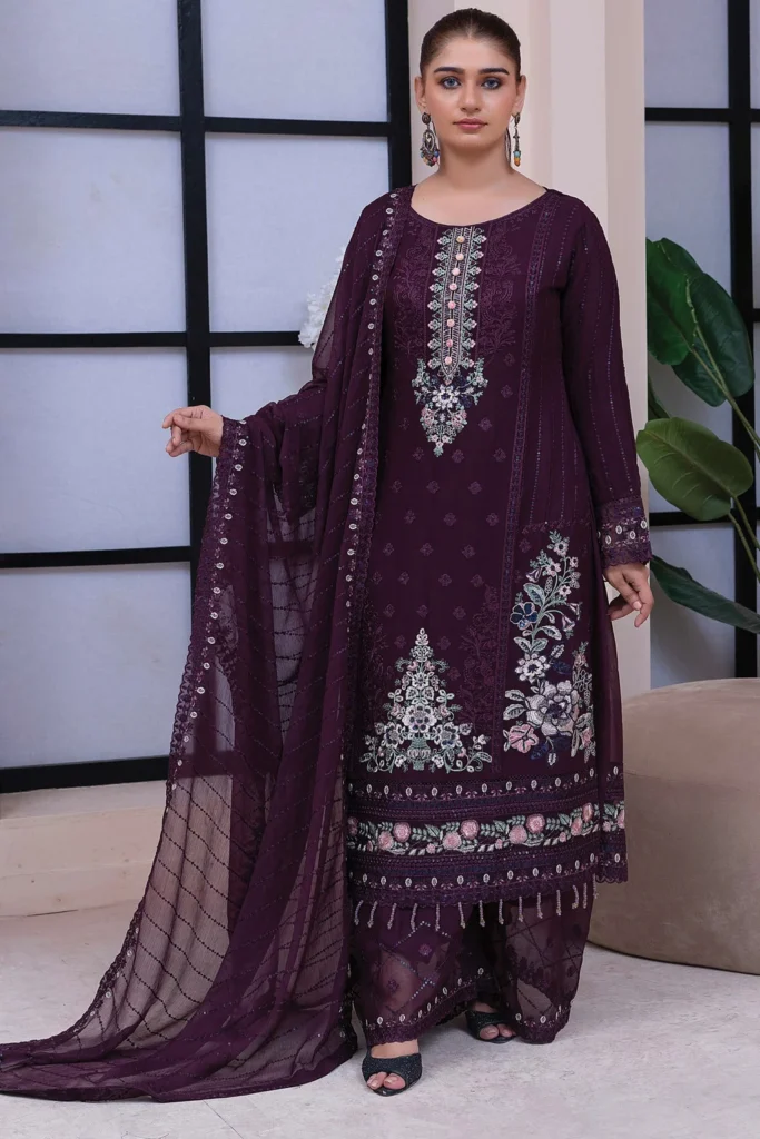 Deep Plum Embroidered Chiffon Suit for Women – 3 Piece Formal Wear