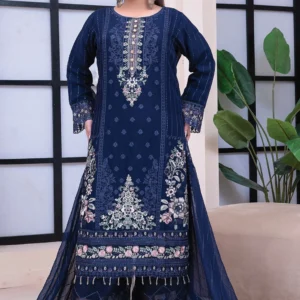 Premium Navy Blue Embroidered Lawn Suit with Dupatta – Festive Collection