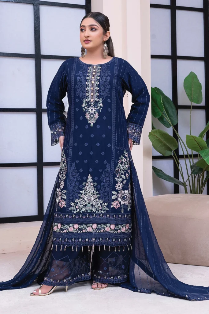Premium Navy Blue Embroidered Lawn Suit with Dupatta – Festive Collection