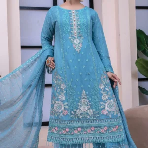 Aqua Blue Embroidered Chiffon Dress - 3 Piece Pakistani Formal Suit