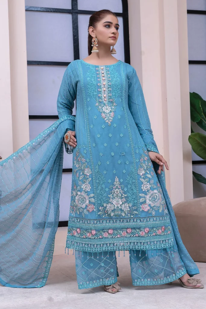 Aqua Blue Embroidered Chiffon Dress – 3 Piece Pakistani Formal Suit