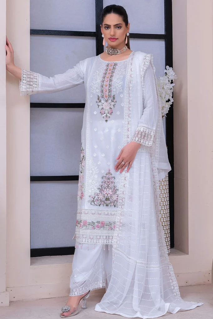 Luxury White Embroidered Lawn Suit with Dupatta – Pakistani Formal Wear