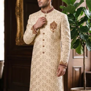 Ivory Sherwani with Diamond Pattern Embroidery