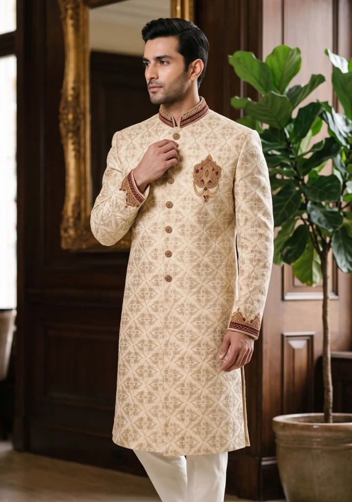 Ivory Sherwani with Diamond Pattern Embroidery