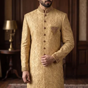 Beige Golden Embroidered Sherwani