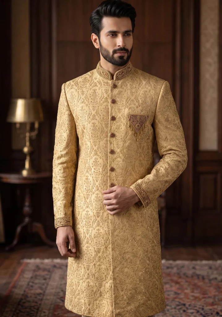 Beige Golden Embroidered Sherwani