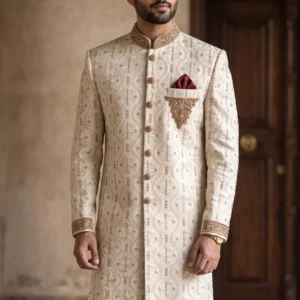 Ivory & Golden Embroidered Sherwani