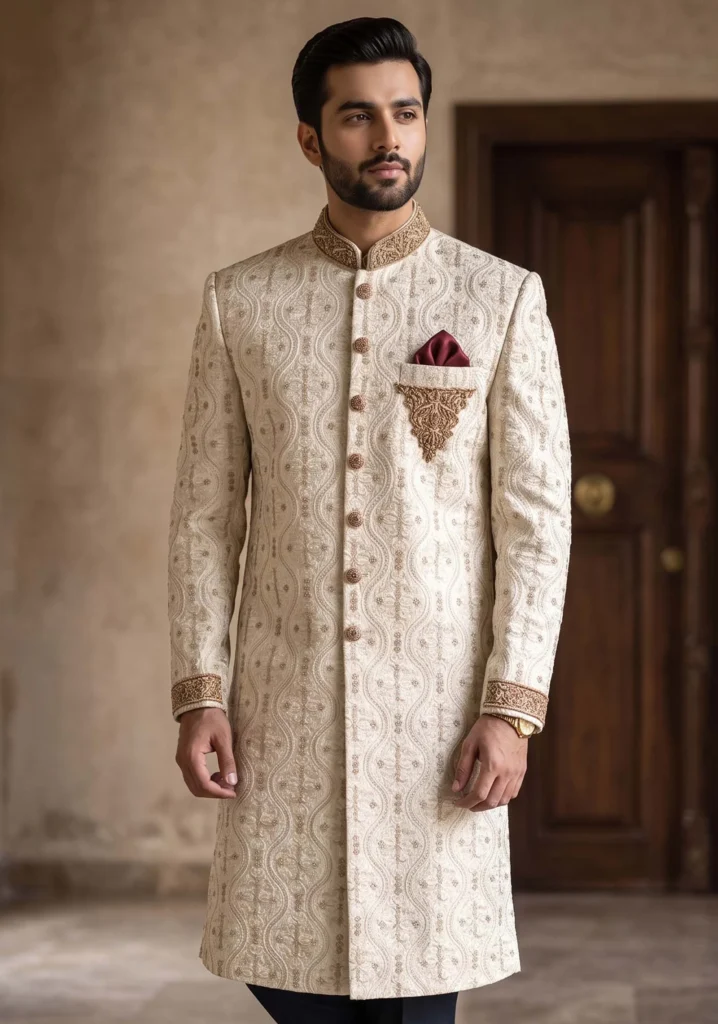 Ivory & Golden Embroidered Sherwani