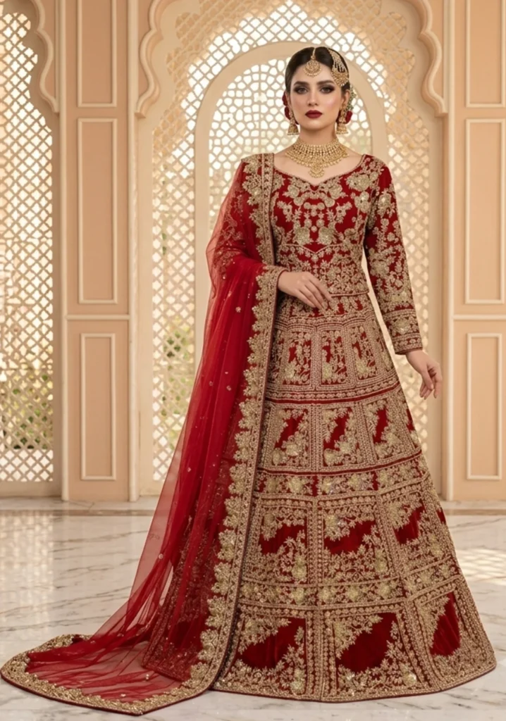 Luxury Bridal Red Lehenga Choli with Heavy Golden Embroidery & Net Dupatta