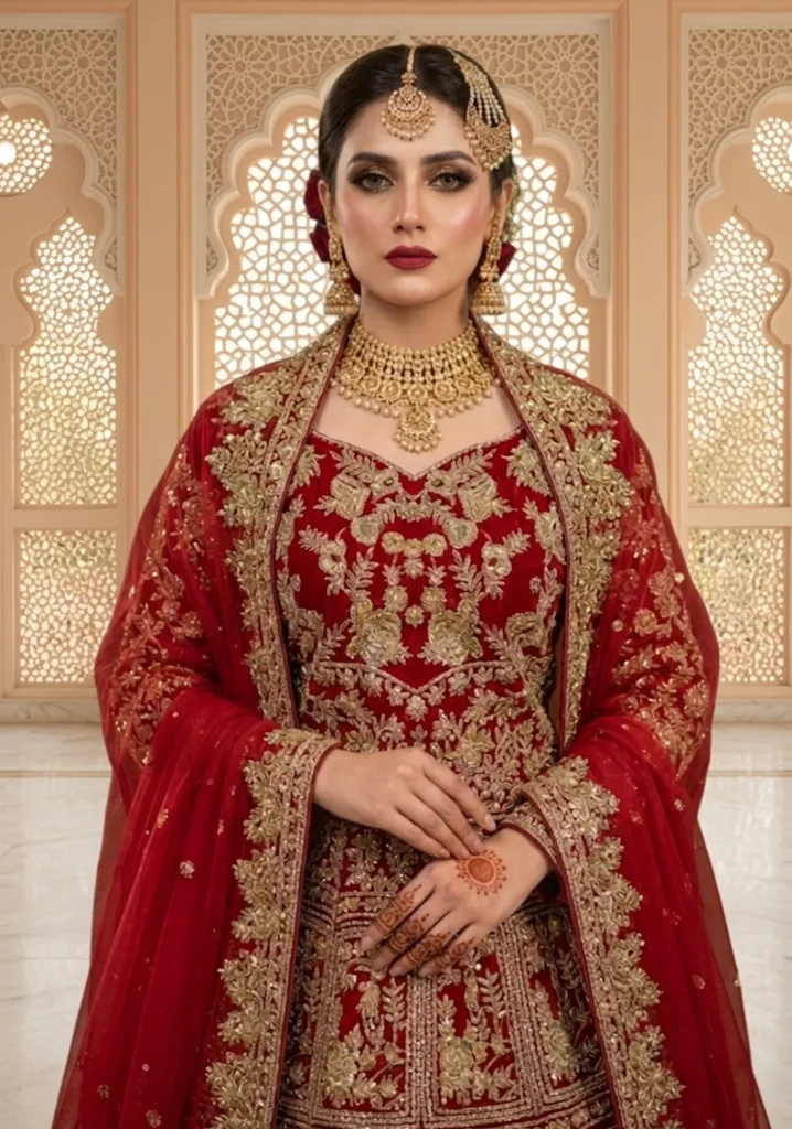 Luxury Bridal Red Lehenga Choli with Heavy Golden Embroidery & Net Dupatta