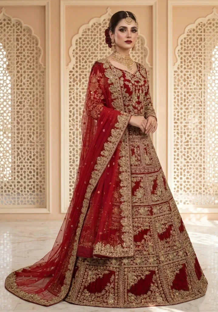 Luxury Bridal Red Lehenga Choli with Heavy Golden Embroidery & Net Dupatta