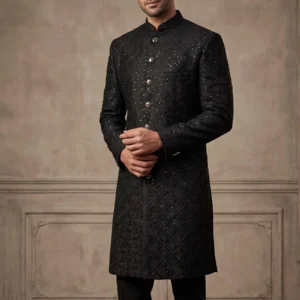 Black Textured Sherwani