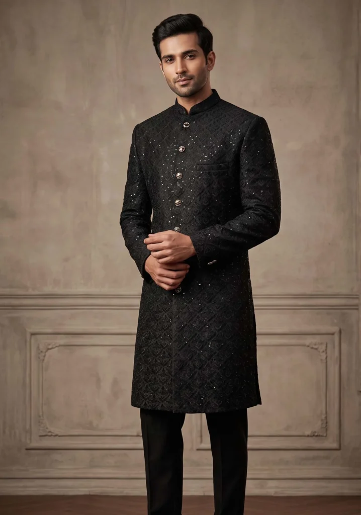 Black Textured Sherwani