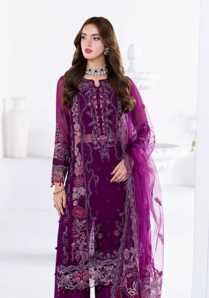 Embroidered Plum Organza Three-Piece Formal Suit