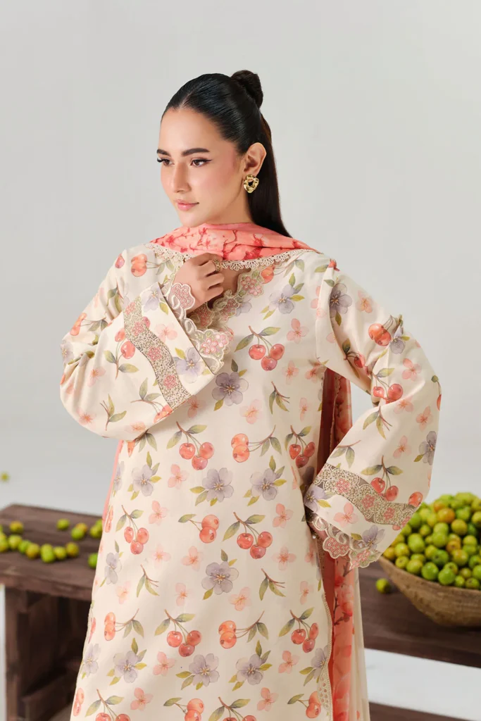 Ramsha Rangrez Vol-08 Article N-805 | Cream & Peach Luxury Digital Printed Lawn | Al Hassan Lehenga House