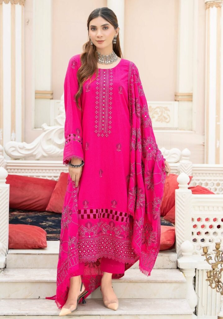 Fuchsia Pink Embroidered Lawn Suit | 3 Piece Unstitched Festive Collection