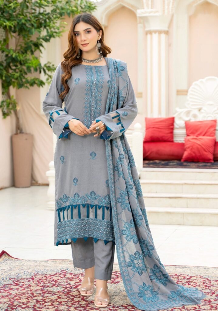 Grey & Teal Blue Embroidered Lawn Suit | 3 Piece Unstitched Summer Collection