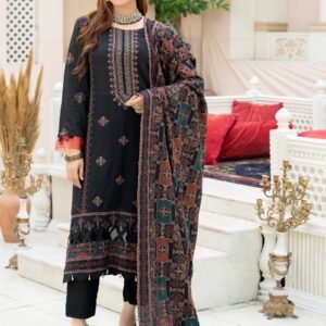 Elegant Black Embroidered 3-Piece Lawn Suit with Printed Dupatta
