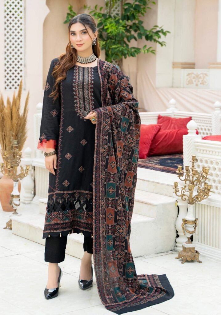 Elegant Black Embroidered 3-Piece Lawn Suit with Printed Dupatta