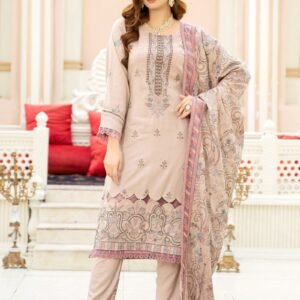 Soft Beige Embroidered 3-Piece Lawn Suit with Printed Shawl Dupatta