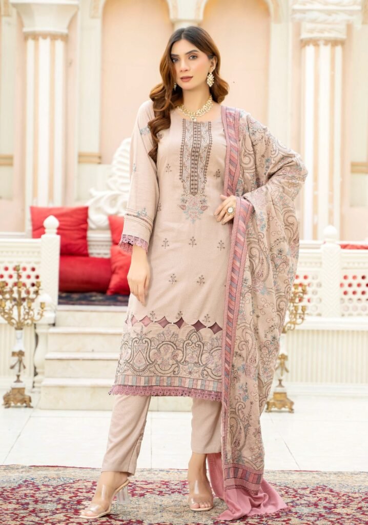 Soft Beige Embroidered 3-Piece Lawn Suit with Printed Shawl Dupatta