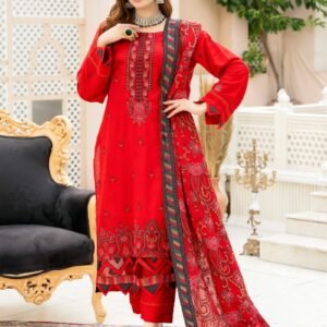 Vibrant Red Embroidered 3-Piece Lawn Suit with Printed Dupatta