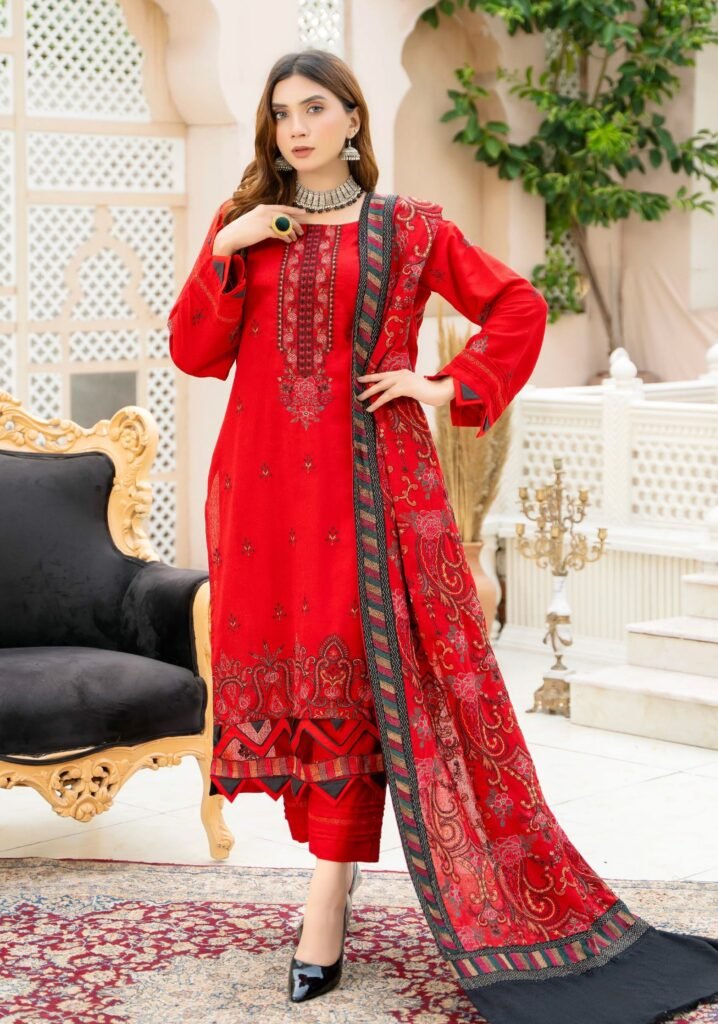 Vibrant Red Embroidered 3-Piece Lawn Suit with Printed Dupatta