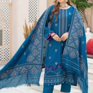 Royal Blue Embroidered 3-Piece Lawn Suit with Printed Dupatta