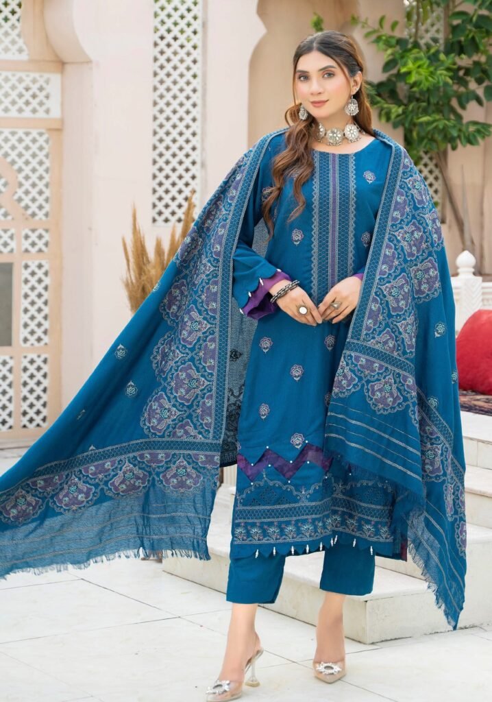 Royal Blue Embroidered 3-Piece Lawn Suit with Printed Dupatta