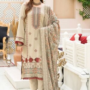 Elegant Beige Embroidered 3-Piece Lawn Suit with Printed Dupatta
