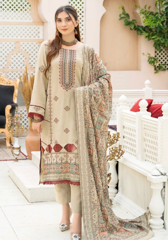 Elegant Beige Embroidered 3-Piece Lawn Suit with Printed Dupatta