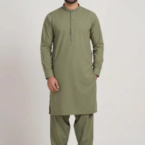 Safari Club Olive Green Men’s Kameez Shalwar – Elegant Embroidery Detailing