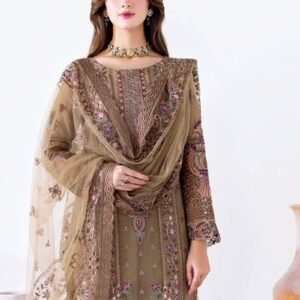 Embroidered Net Formal Dress – Olive Beige Elegance