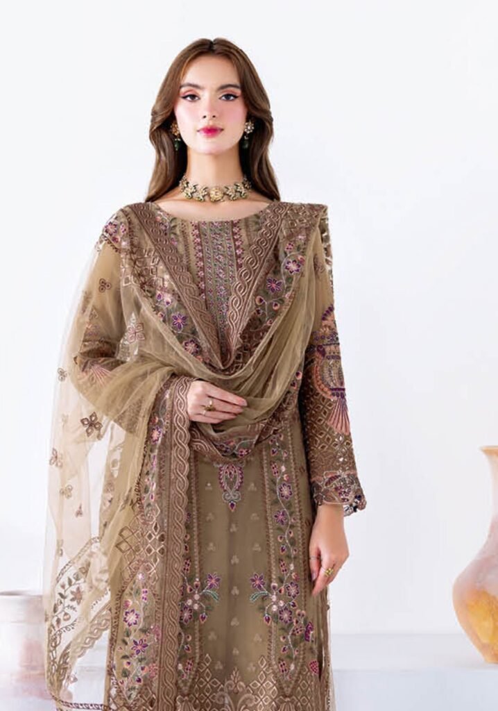 Embroidered Net Formal Dress – Olive Beige Elegance