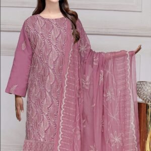Dusty Mauve Embroidered Lawn 3-Piece Suit with Chiffon Dupatta