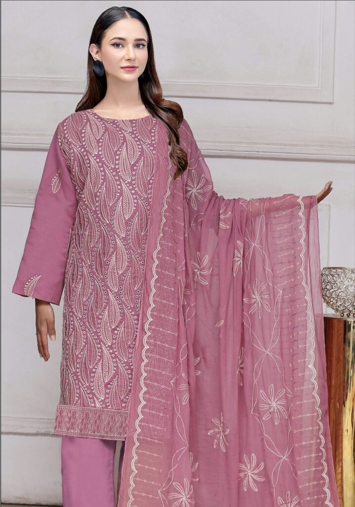 Dusty Mauve Embroidered Lawn 3-Piece Suit with Chiffon Dupatta