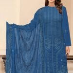 Premium Blue Embroidered Karandi 3-Piece Suit with Chiffon Dupatta – D#704