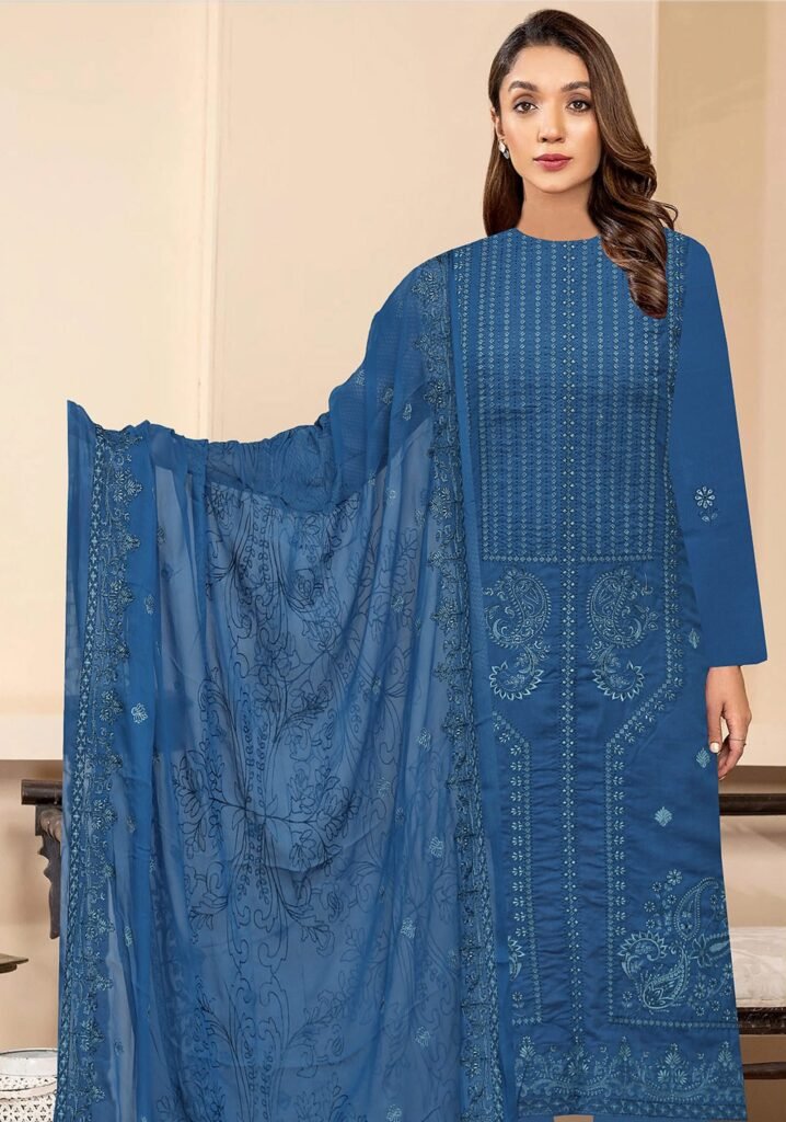 Premium Blue Embroidered Karandi 3-Piece Suit with Chiffon Dupatta – D#704