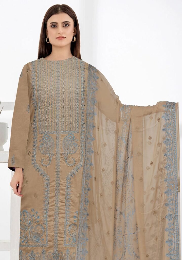 Premium Embroidered Karandi Gala Daman Suit with Embroidered Chiffon Dupatta – D#704