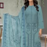 Premium Embroidered Karandi Gala Daman with Embroidered Chiffon Dupatta – D# 704 (Blue)