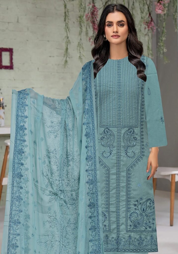 Premium Embroidered Karandi Gala Daman with Embroidered Chiffon Dupatta – D# 704 (Blue)
