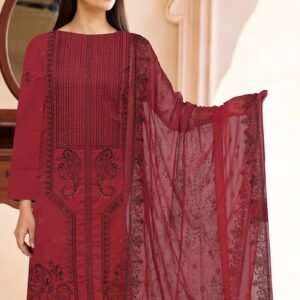 COLOR UM Premium Gul Lala – Deep Red Embroidered Karandi Suit with Chiffon Dupatta (D# 704) – Unstitched 3-Piece Winter Collection