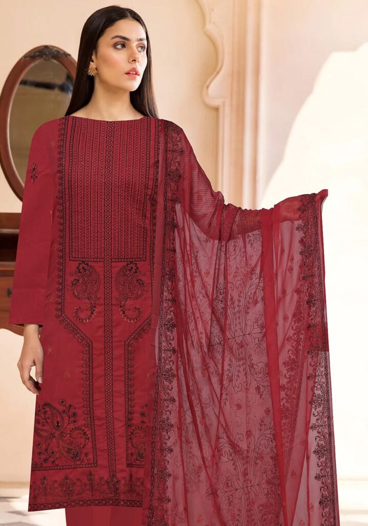 COLOR UM Premium Gul Lala – Deep Red Embroidered Karandi Suit with Chiffon Dupatta (D# 704) – Unstitched 3-Piece Winter Collection